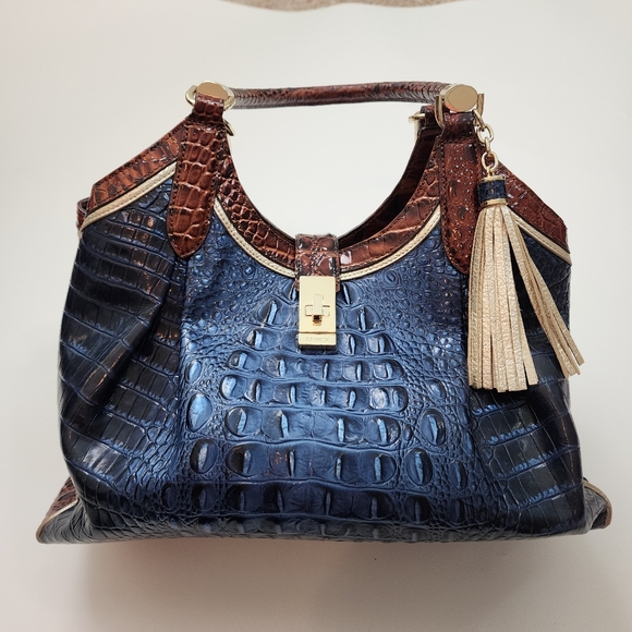 Brahmin Elisa Andesile Croc Embossed Genuine Leather Satchel Brown And Blue - Picture 1 of 16